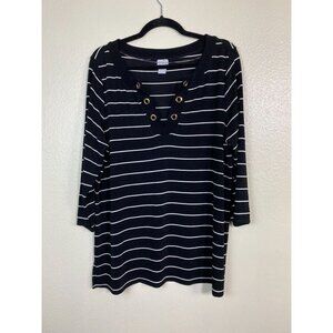 Chicos Travelers 3 Black Striped Tunic Top sz XL Long Sleeve Slinky Knit Stretch